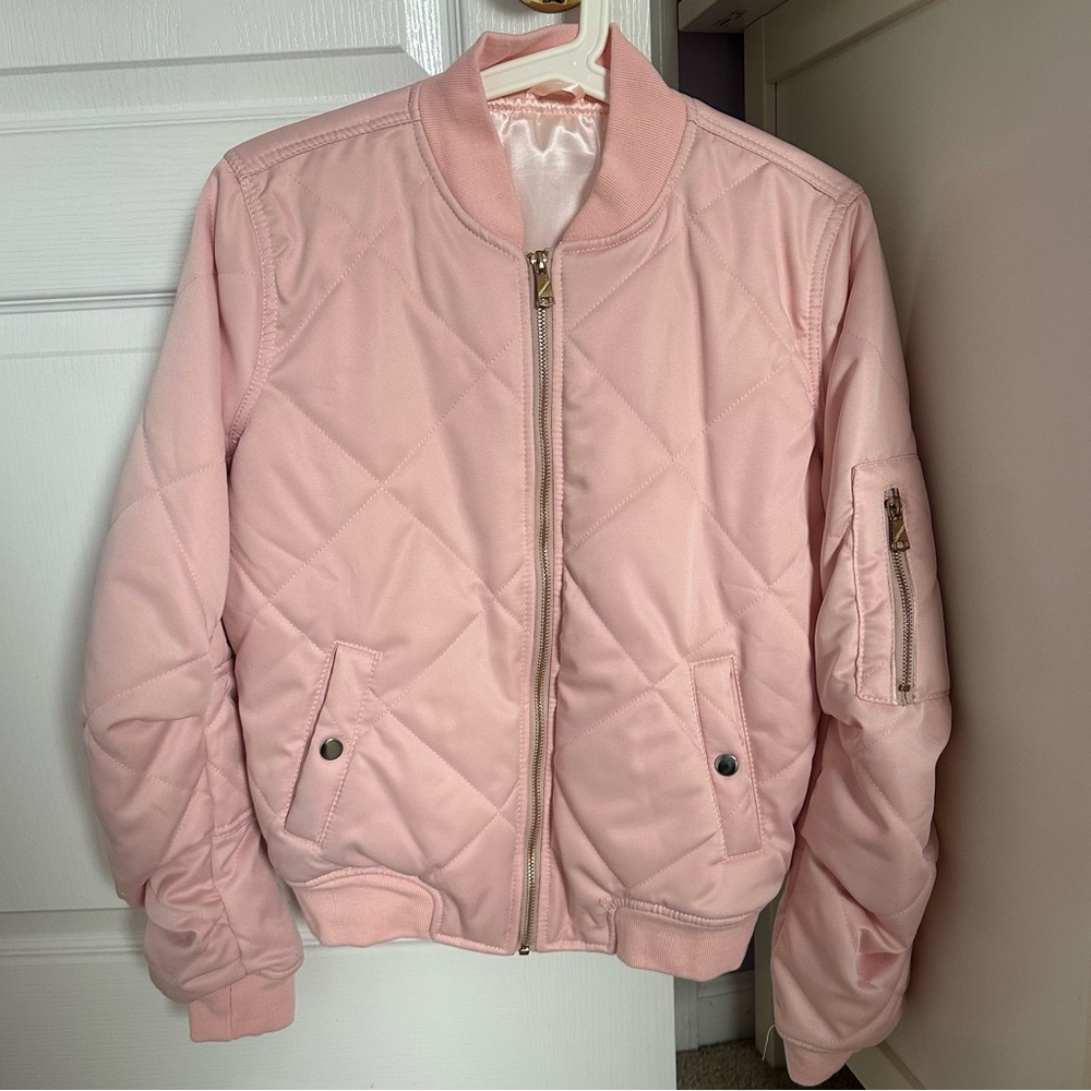 Pastel pink padded bomber jacket